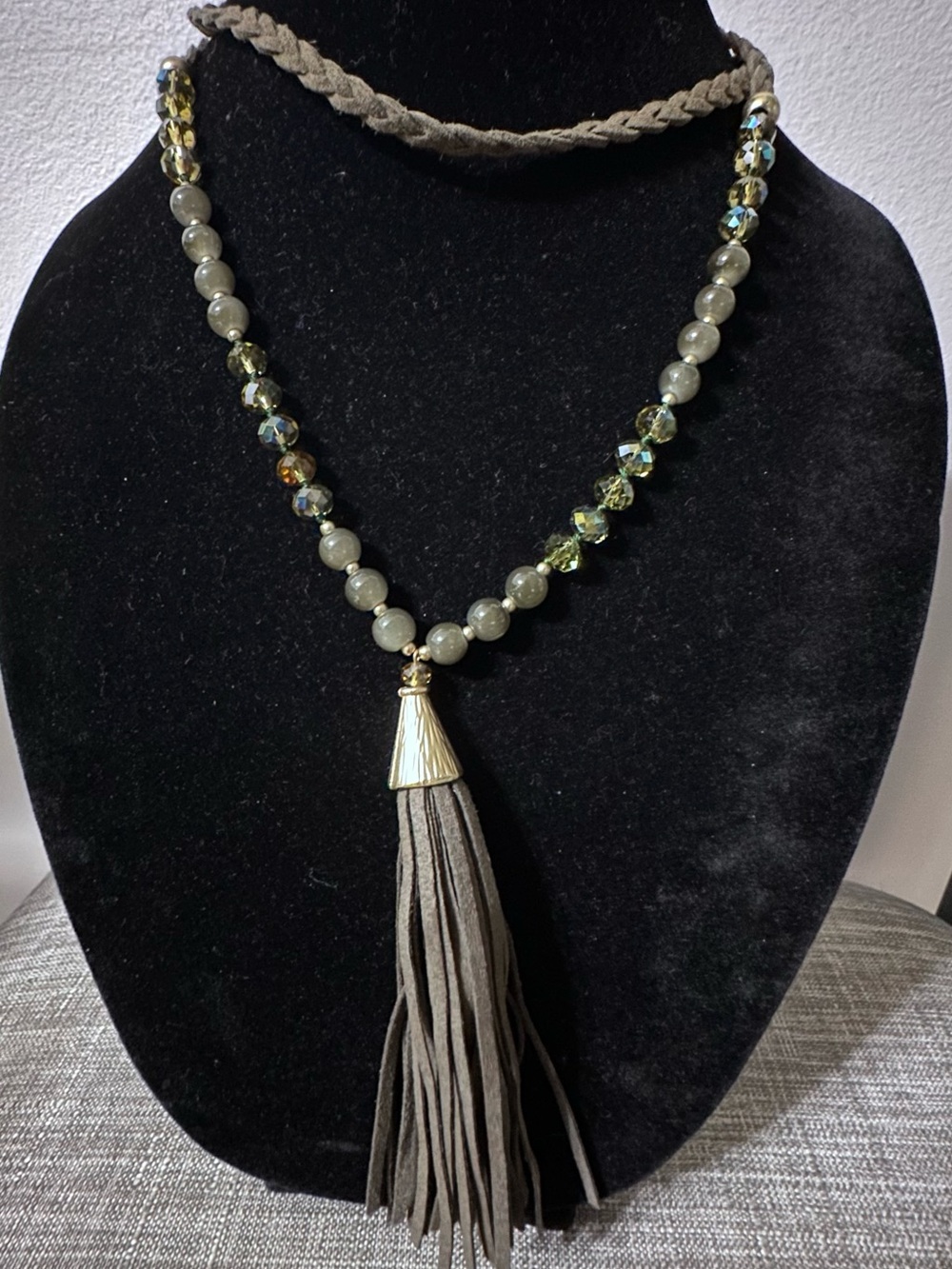 Beaded Tassel Necklace - Green and Iridescent Beads